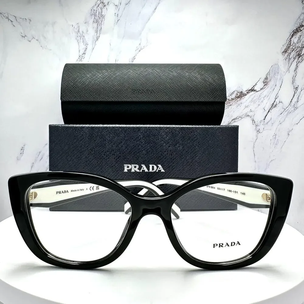 New PRADA Eyeglasses Cat Eye Black White Gold 53-17-140 Womens